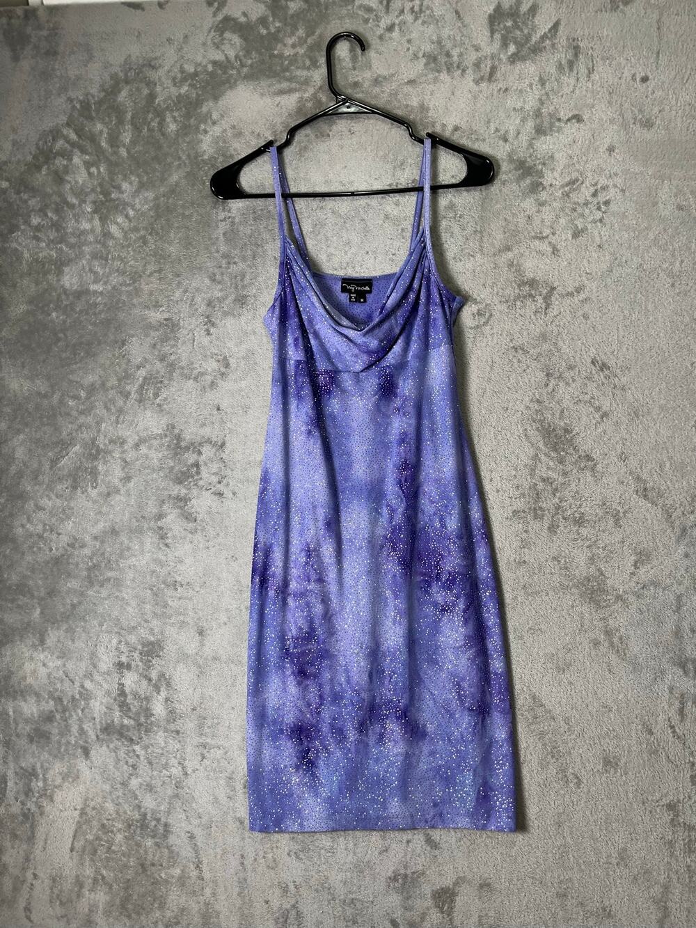 Vintage Y2K Purple Glitter Cowl Neck Mini Dress Spaghetti Strap Party Clubwear